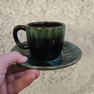 Blue Mountain Pottery Green Drip Glaze Espresso Cup & Saucer